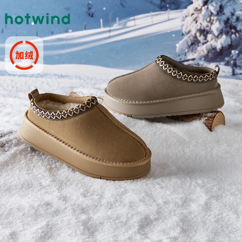 热风2024年冬季厚底加绒加厚半托棉鞋小个子增高雪地靴女H89W4418