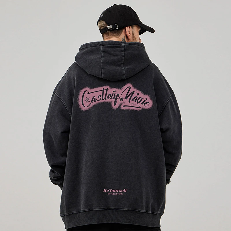 重磅美式复古字母嘻哈加肥加大码卫衣男连帽纯棉水洗做旧高街春秋