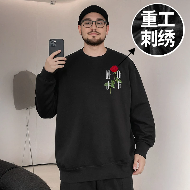 大码卫衣男潮牌玫瑰刺绣200-300斤重磅打底圆领国潮牌胖子春秋季