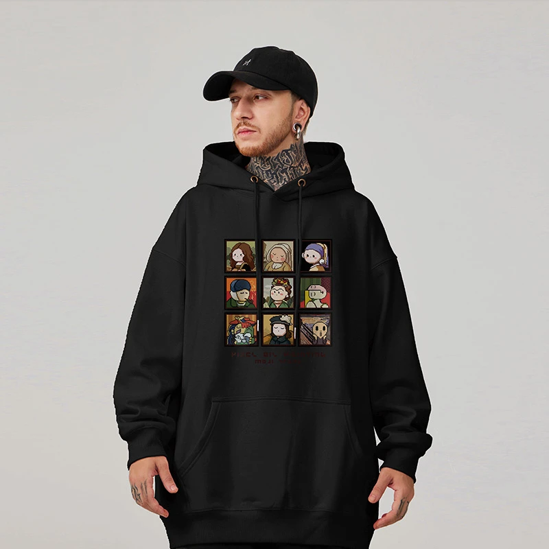 国潮九宫格像素头像新款宽松加肥加大码连帽加绒重磅胖子卫衣