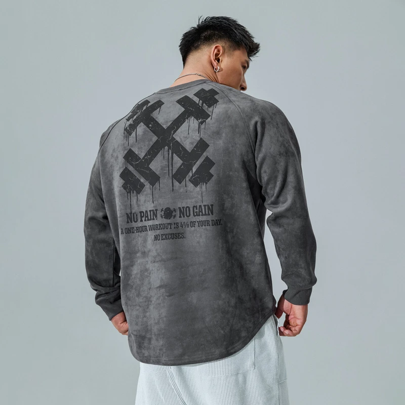 肌肉狗潮牌男士长袖t恤男哑铃印花运动休闲训练健身上衣春秋款