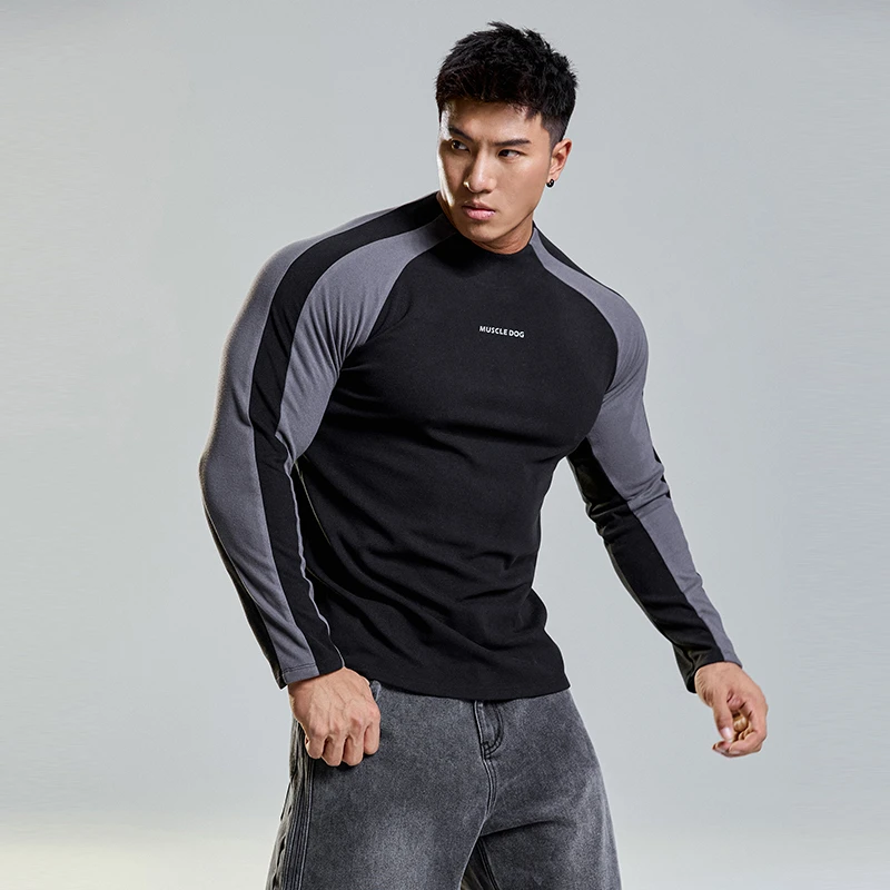 MUSCLEDOG肌肉狗 潮牌健身长袖T恤男冬季绒感保暖紧身运动训练服