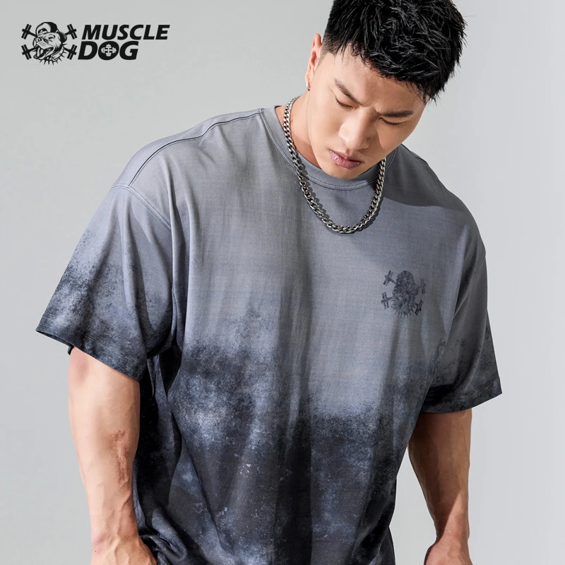 肌肉狗 运动T恤男夏季潮牌美式渐变撞色印花宽松短袖训练服健身衣