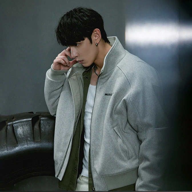 肌肉狗 潮牌短款毛呢外套男冬新品55%羊毛立领棉服夹克