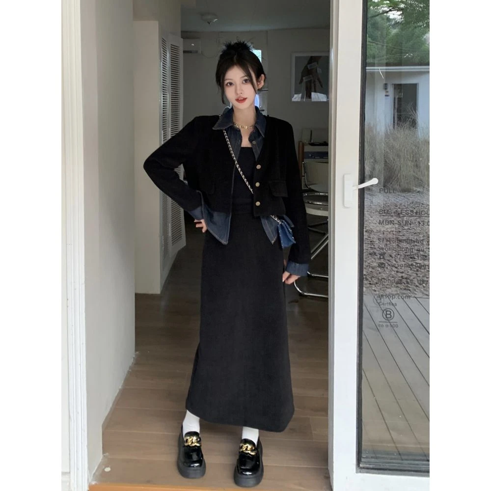 复古牛仔拼接不规则长袖西装外套开叉半身裙女秋季2023新款两件套