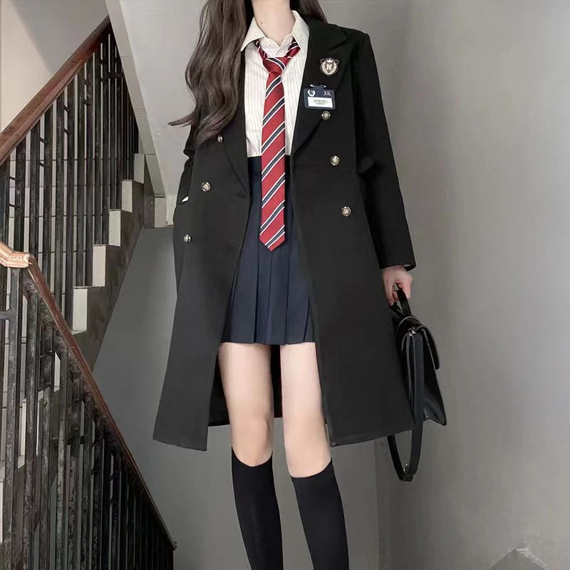 【校供感】毛呢大衣外套女秋冬学院风小个子呢子黑色中长款骑行宽松