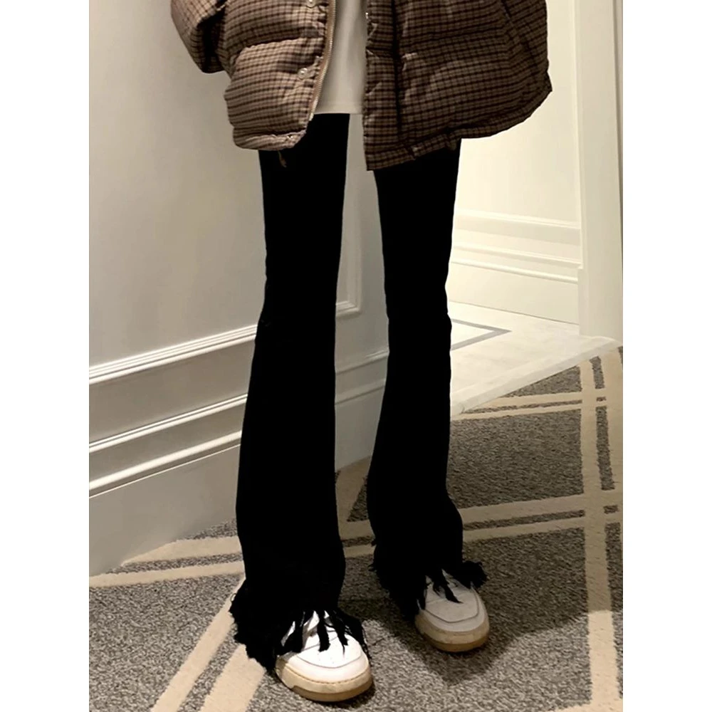 vibe美式骑行高街流苏微喇叭牛仔裤女秋冬季高腰显瘦设计感直筒裤
