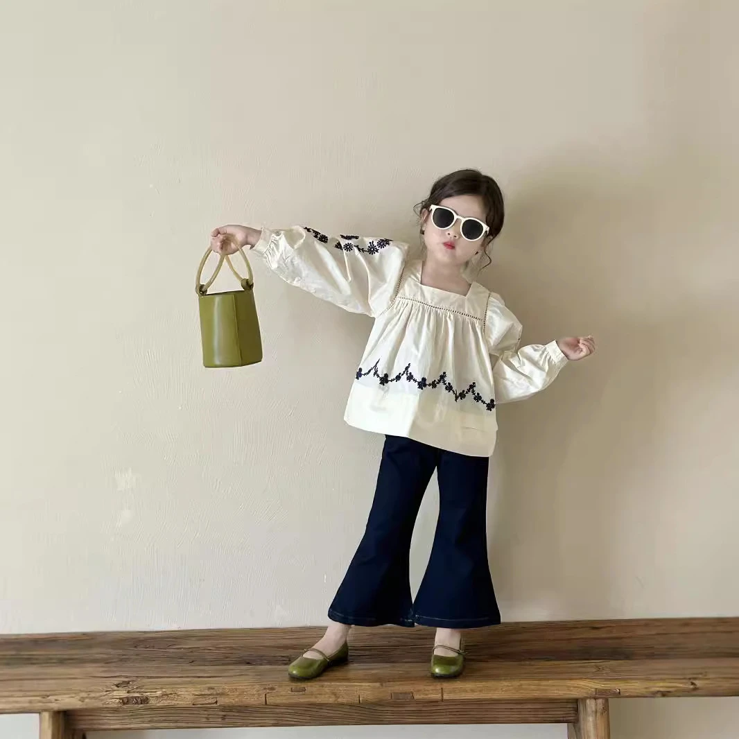 儿童韩版衬衫2024秋季新款女童甜美方领娃娃衫上衣百搭宽松牛仔裤