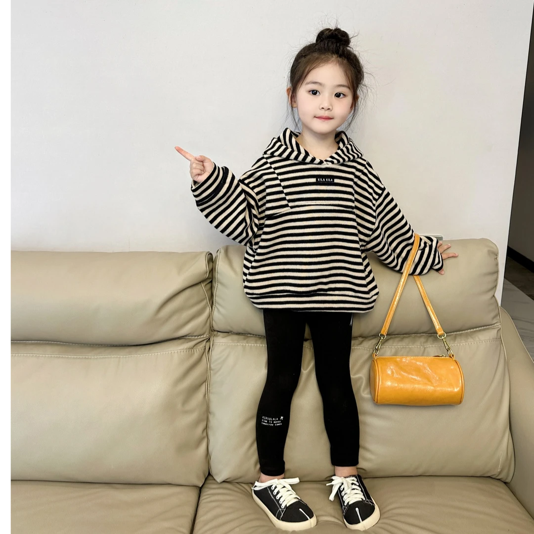 女童条纹长袖上衣打底衫洋气薄款黑色打底裤女宝套装