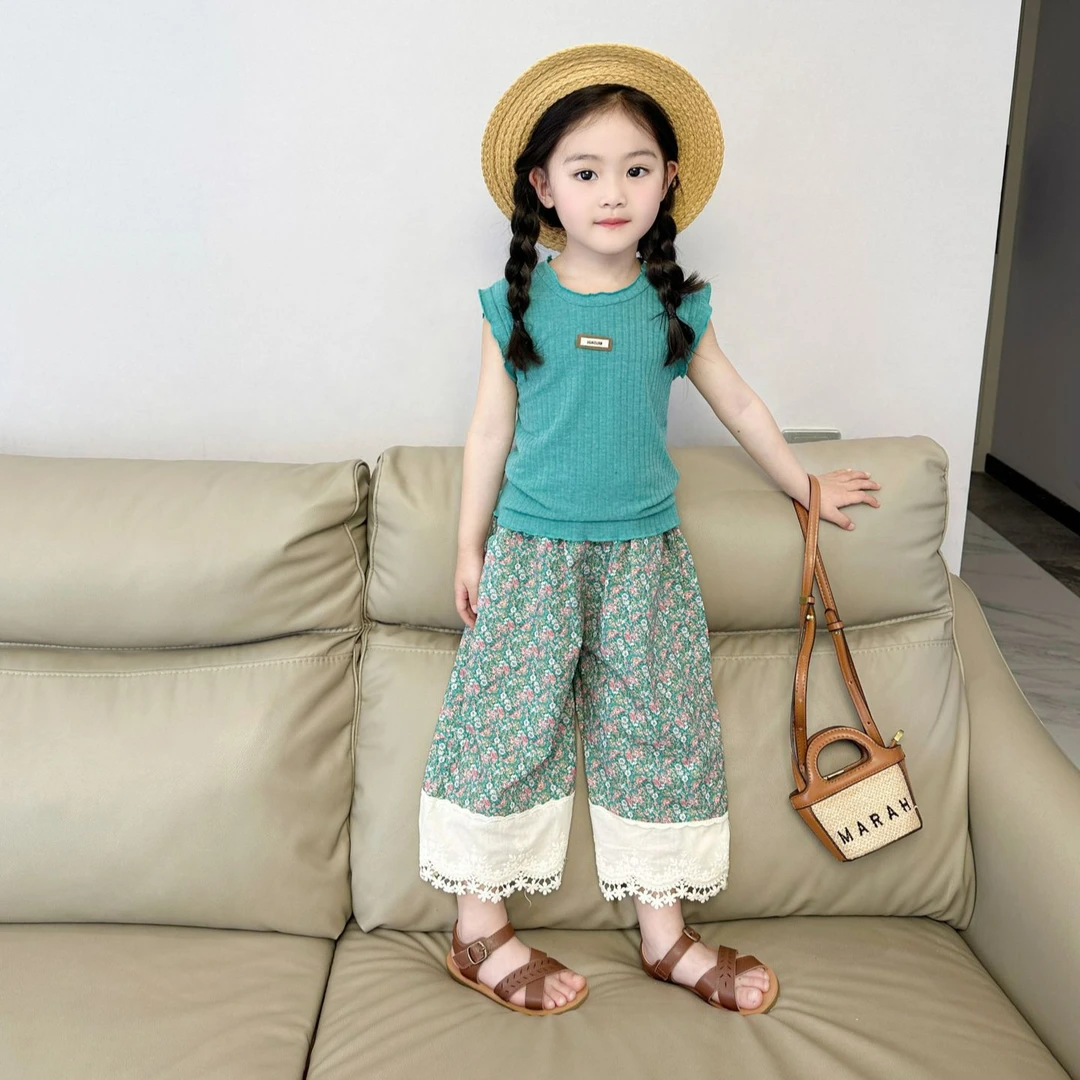 儿童薄款碎花套装女童休闲洋气花边裤子简单吊带绿色背心