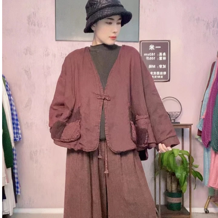 （香草）2024冬季新款棉衣宽松设计款亚麻炒色做旧轻薄棉衣