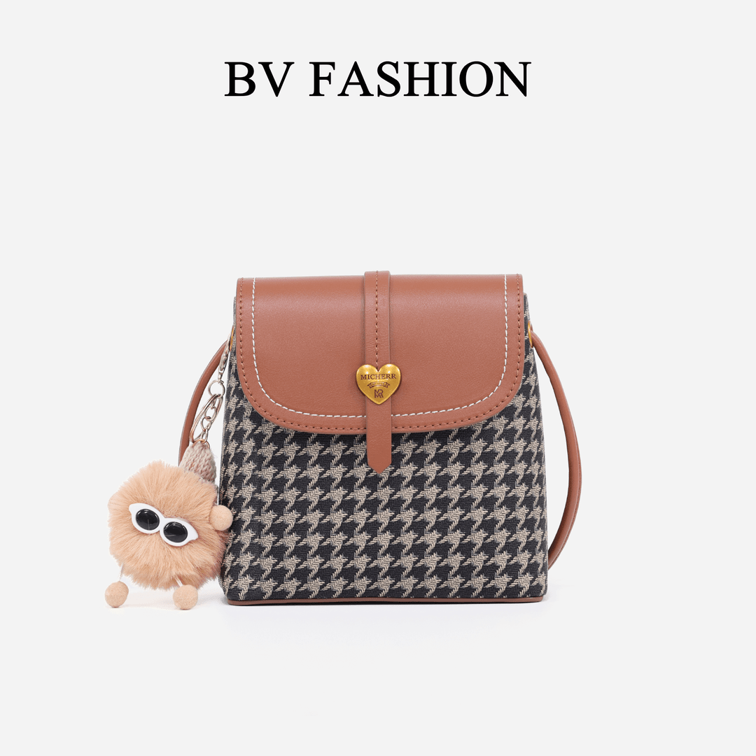 BV FASHION休闲格纹时尚女百搭小众斜挎小包包AM24071642坚果棕