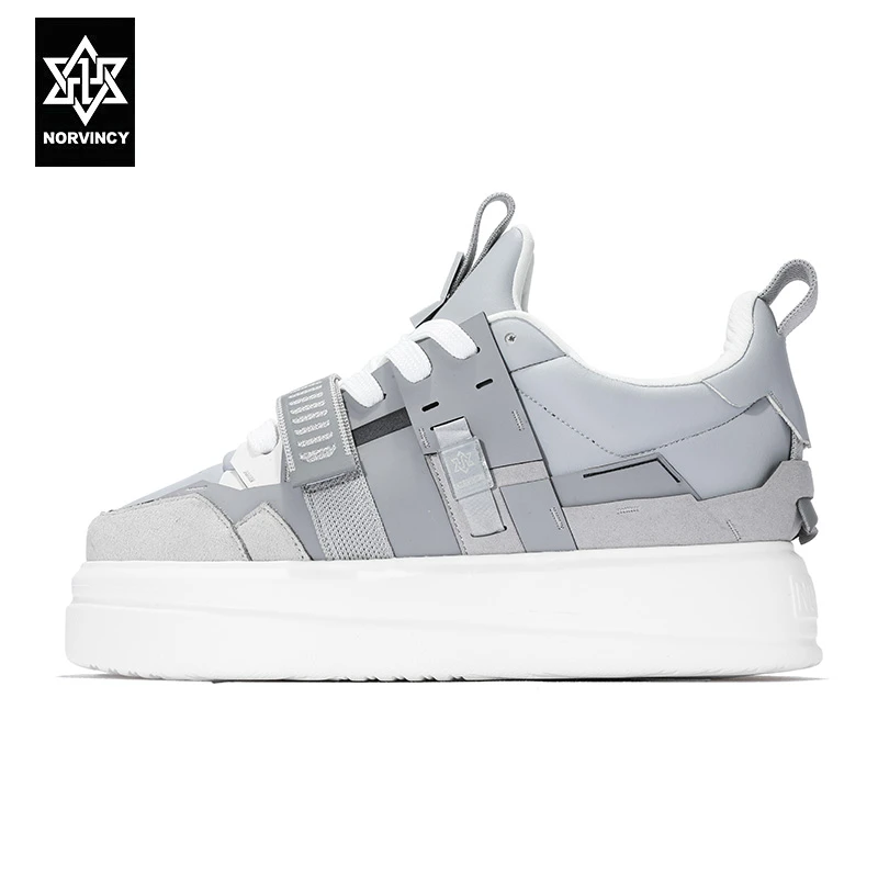 诺凡希春秋款解构风板鞋男女同款皮革拼接系带厚底机甲休闲面包鞋