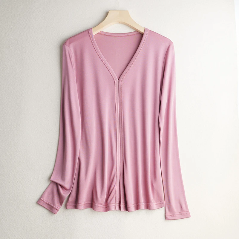 春秋新款桑蚕丝纯色针织长袖真丝V领打底衫假开衫上衣套头衫t恤女