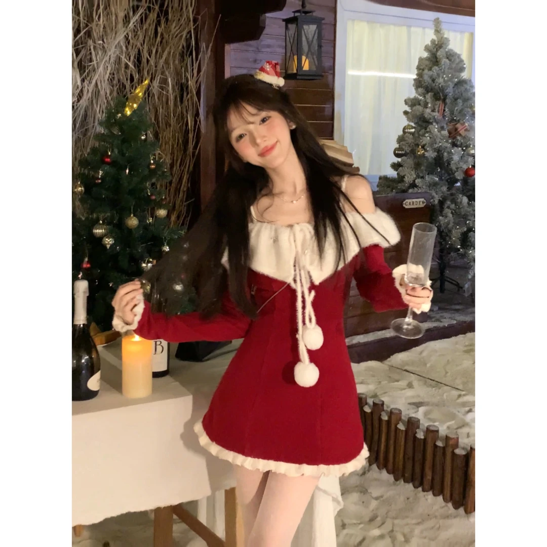 潘多拉 甜美小个子显瘦法式复古新年毛绒连衣裙R1365C