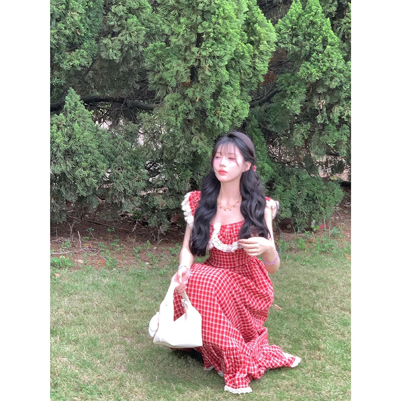 童话镇  夏季甜美温柔气质收腰显瘦格子长款连衣裙R6250H