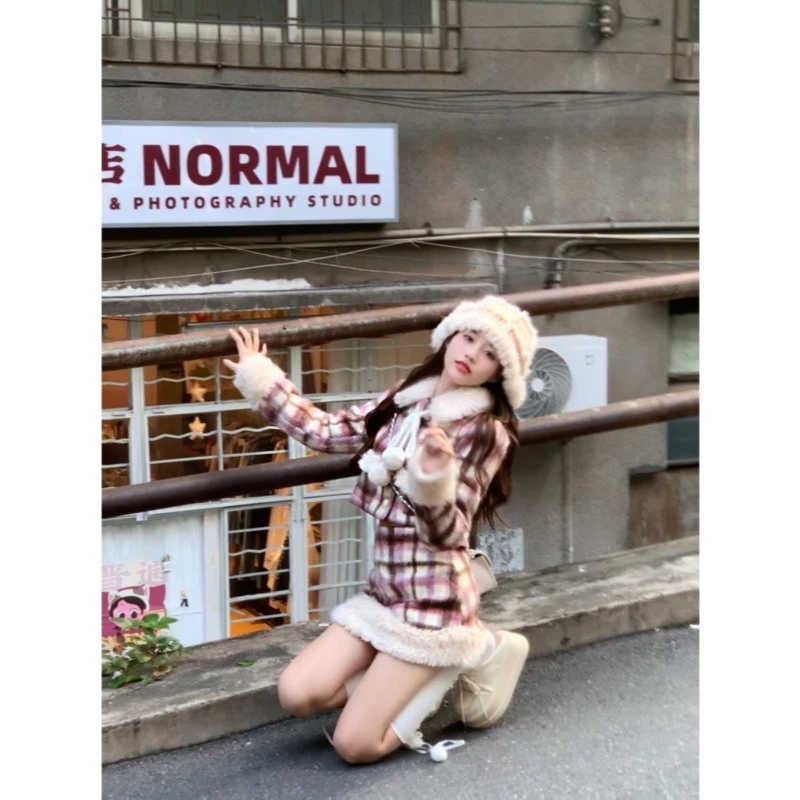 黑莓与月桂 秋冬甜美风少女格子修身呢子短外套 R5536-1Y