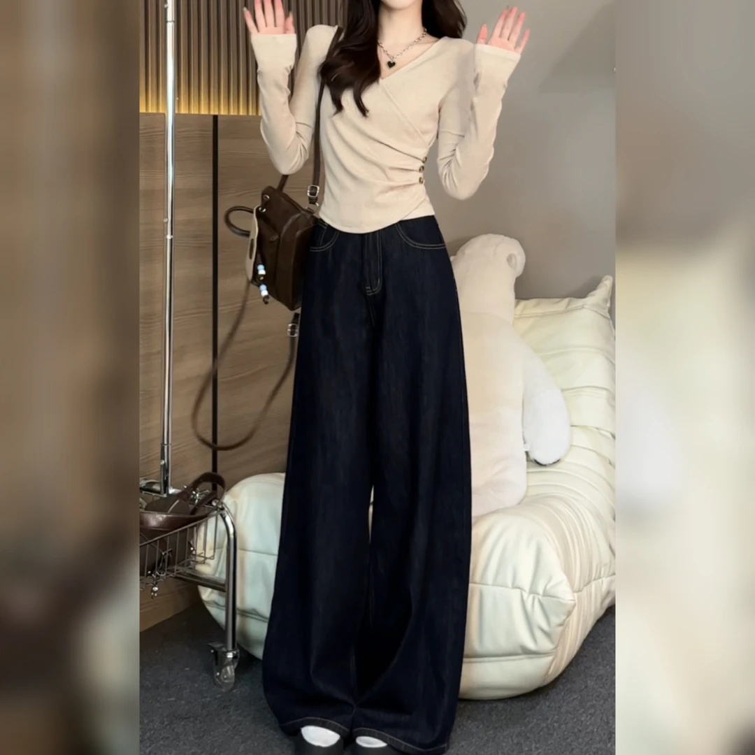 2024 秋季时尚垂感宽松阔腿高腰显高显瘦百搭牛仔长裤DM9019