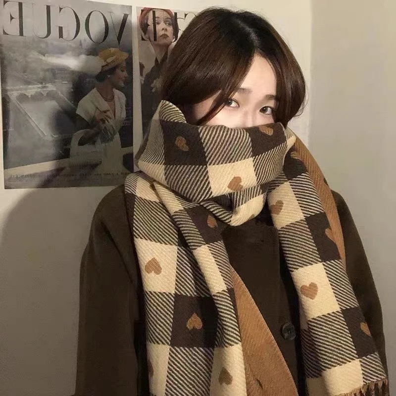 【双面爱心围巾】韩系氛围感百搭秋冬格子围巾女保暖披肩围脖
