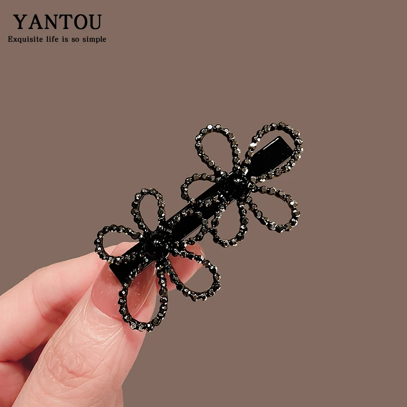 水钻黑色小花朵边夹女简约发卡高级感碎发夹子刘海发夹气质鸭嘴夹