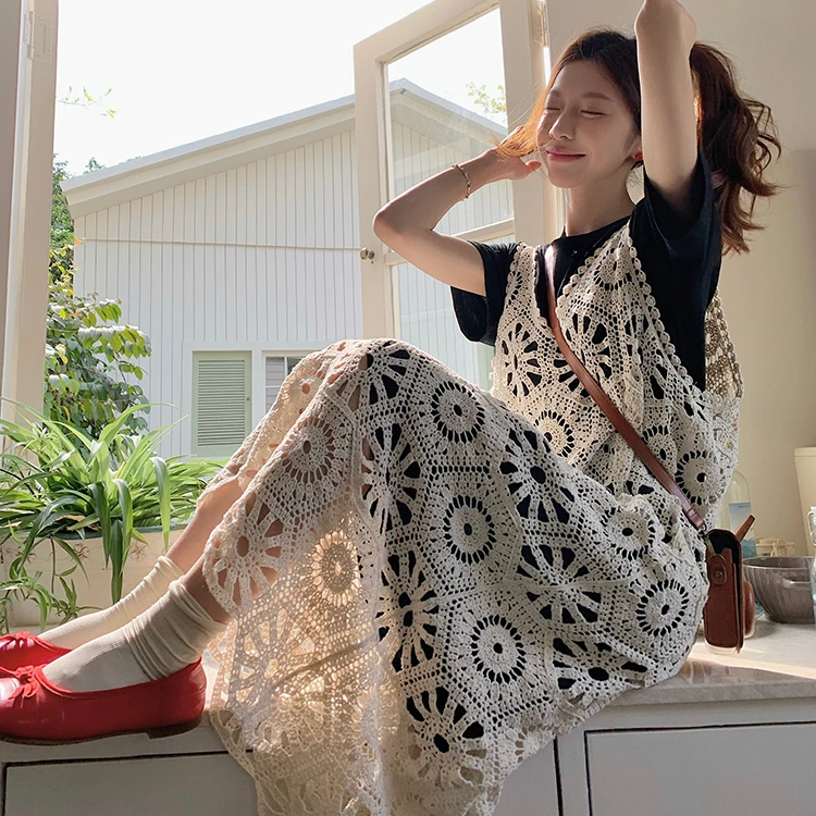大码女装法式小众设计感吊带连衣裙女夏季胖mm镂空裙子宽松显瘦