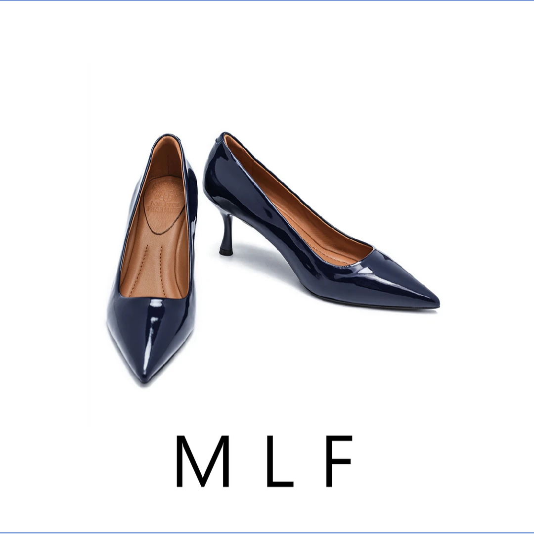 可跑步高跟尖头浅口中跟跟鞋气质百搭黑色女士细跟通勤漆皮轻奢