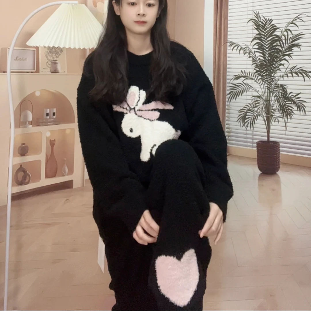 2024年新款冬季半边绒睡衣简约潮流甜美可爱可外穿家居服套装