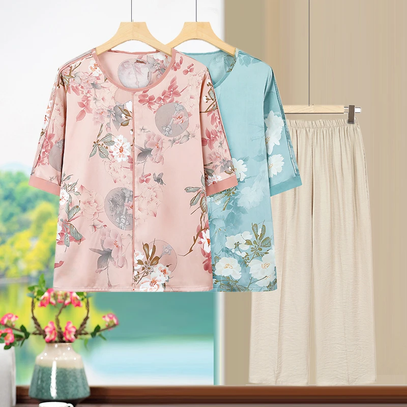 套装夏装妈妈夏季新款中老年女装50岁洋气高档短袖两件套印花印花