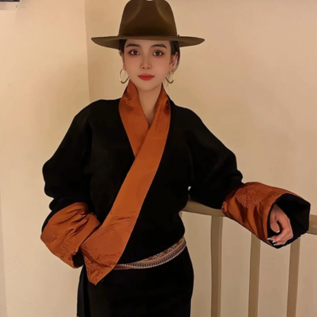 民族风2024 新品雪尼尔+泰迪绒=高级黑藏袍 长裙《送腰带》