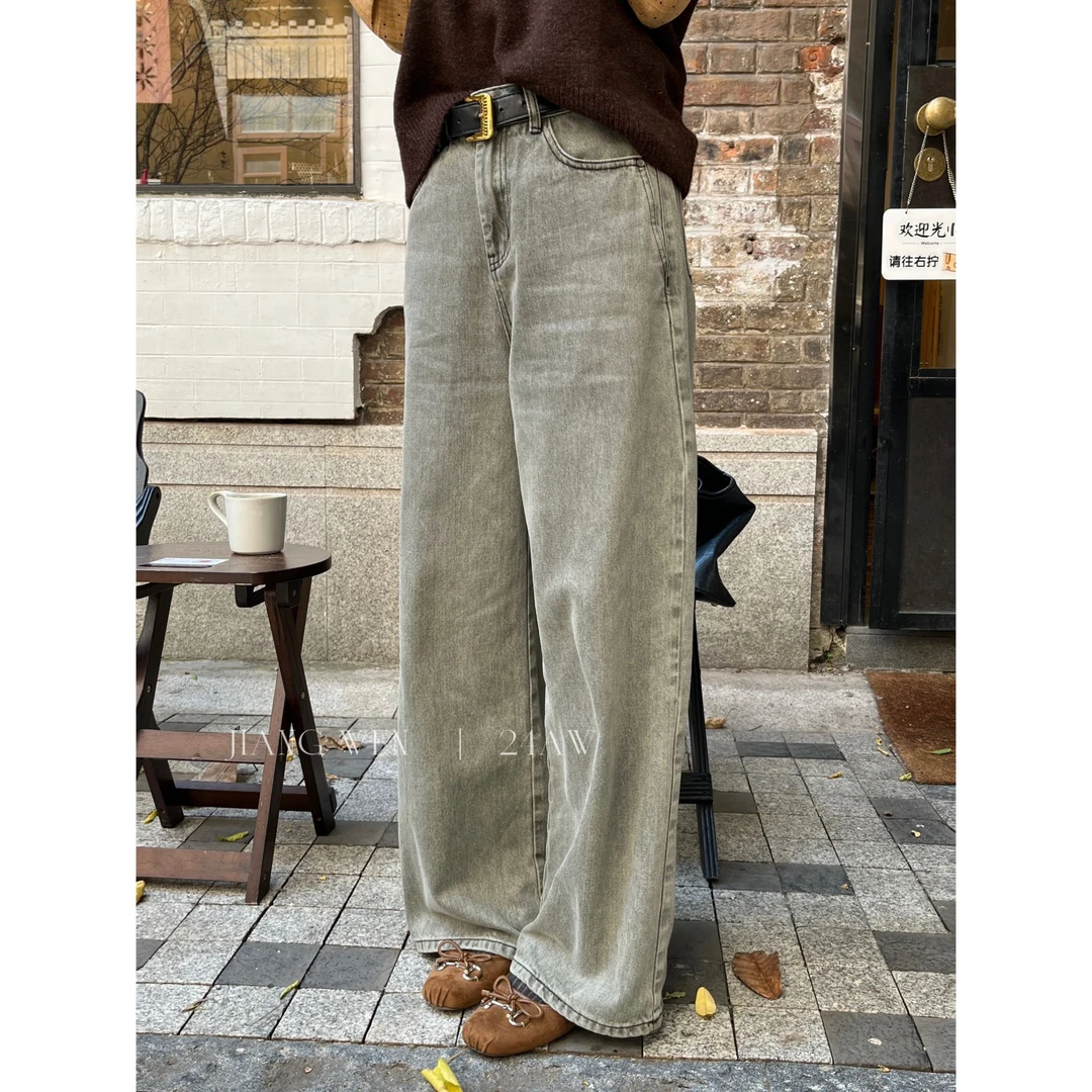 UKILAU【往事牛仔】复古浅色高腰宽松显瘦直筒阔腿牛仔裤