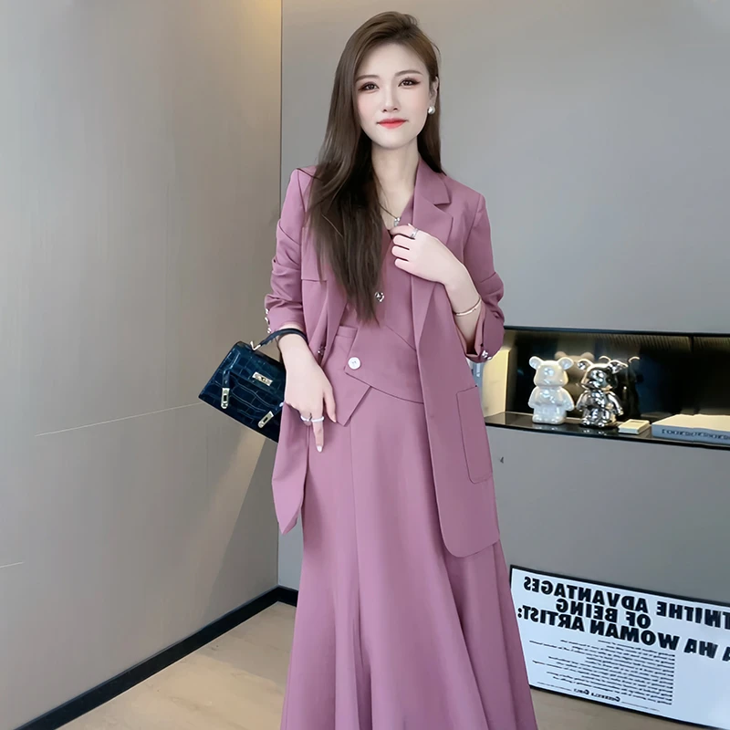 【干枯玫瑰】西装鱼尾裙三件套时尚轻奢休闲中长款套装70555