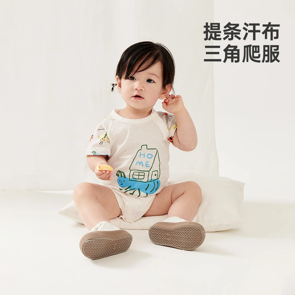 wellber/威尔贝鲁提条汗布短袖三角爬服宝宝连体衣幼儿包屁衣 夏3