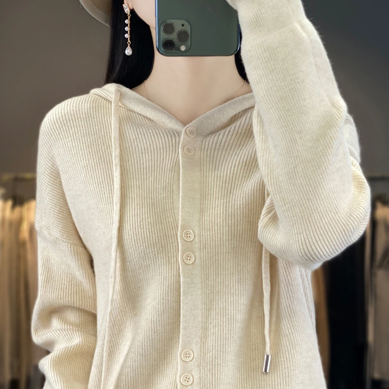 2023秋冬新款毛针织衫女连帽双扣毛衣韩版休闲外套百搭外穿厚潮