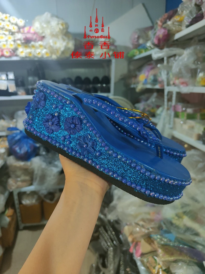 云南西双版纳傣泰拖鞋缅甸高跟女鞋皮珠珠拖鞋女跟高7cm左右
