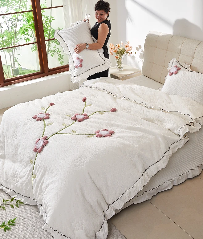 全棉四件套韩式公主风床盖四季通用加厚手工绣花绗缝