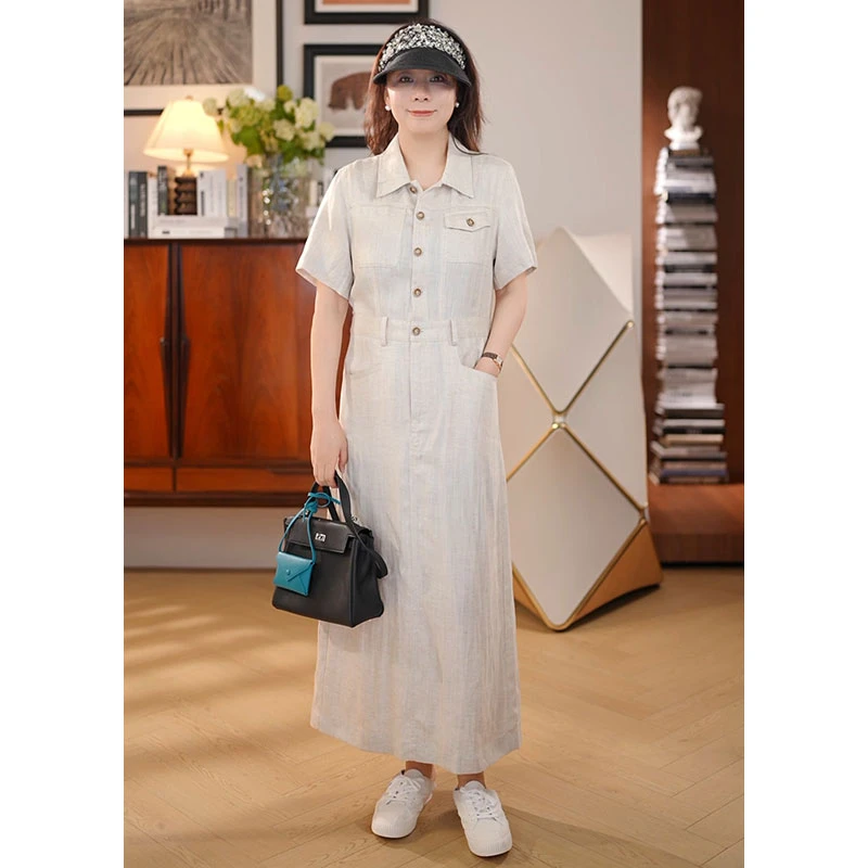 Ms.Qnn“冷调盛夏”高定干爽亚麻面料  衬衫短袖连衣裙 36D1476 Q姐