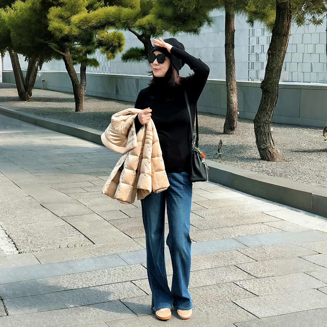 Ms.Qnn“羊绒牛仔”高档定制料新款加绒高腰羊绒牛仔裤 37P335 Q姐