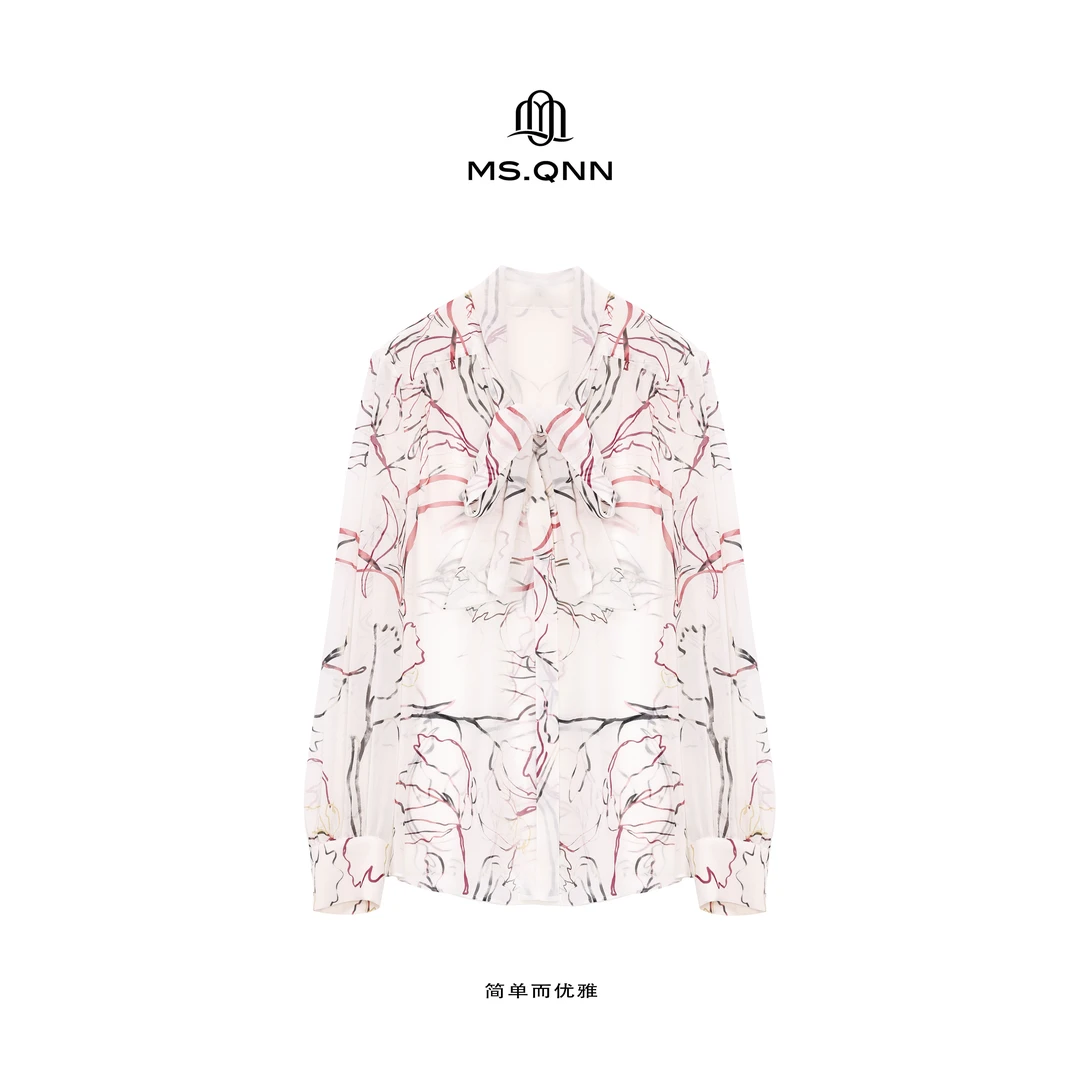 Ms.Qnn“水粉画”6A级12MM真丝乔其 印花飘带衬衫配吊带 36T010 Q姐