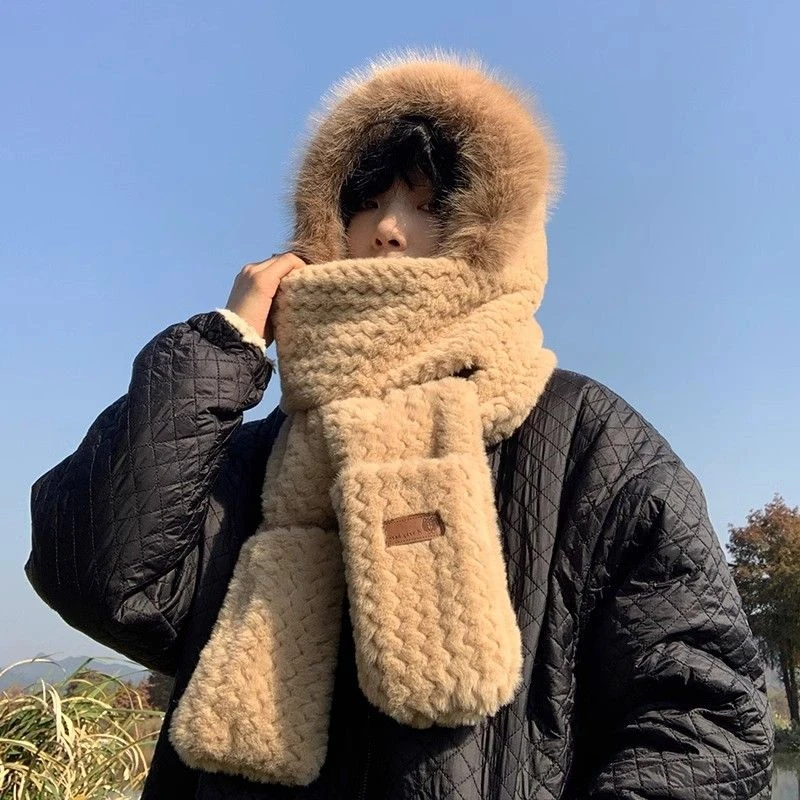 男女同款帽子围巾手套三件套加厚保暖连帽围脖冬季户外百搭一体帽