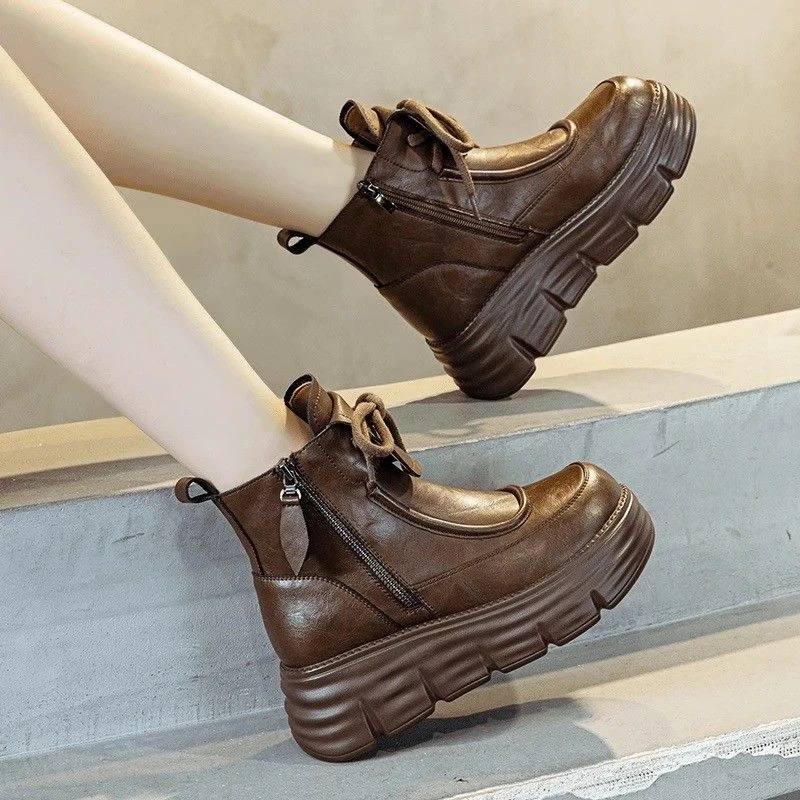 真软皮马丁靴女2024秋冬新款厚底加绒增高小个子女鞋圆头百搭短靴