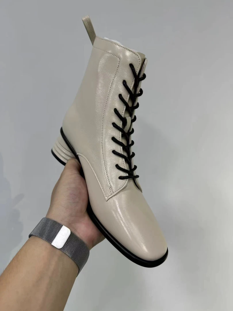 TA21776-11--冬季裸靴复古方头圆粗跟绑带加绒短靴女马丁靴