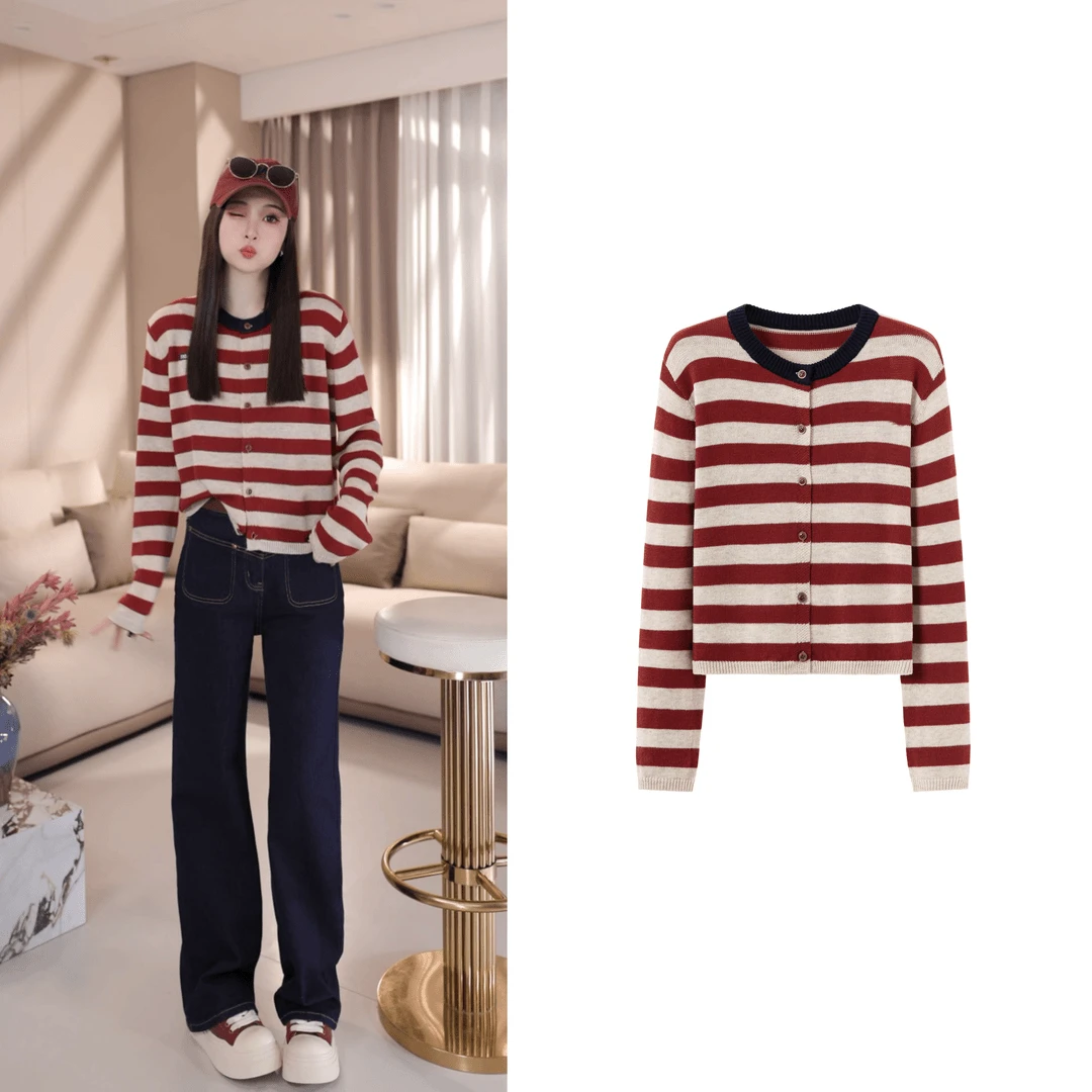 【定格星光】秋季新款时尚小众复古温柔拼色条纹开衫针织毛衣显瘦