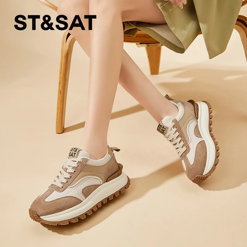 St&Sat/星期六厚底透气阿甘鞋女2024夏季新款百搭拼色系带休闲鞋