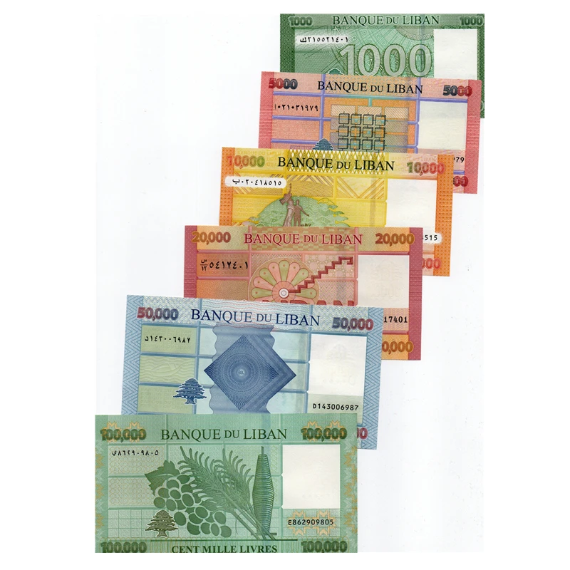 黎巴嫩6张大全套1000-10万里弗纸币 2016-22年亚洲外国钱币 全新