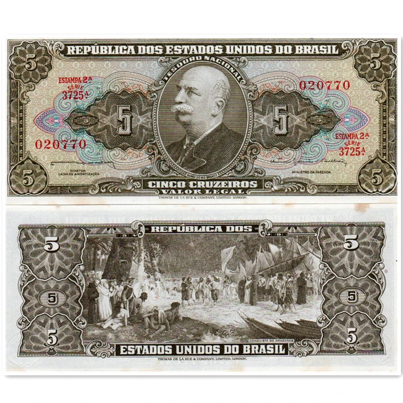 巴西5克鲁塞罗纸币 1963年版 美洲外国钱币有黄斑