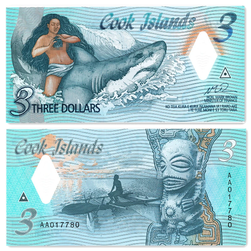 库克群岛3圆 2021年纪念塑料钞 美人鱼 人物全新外国钱币