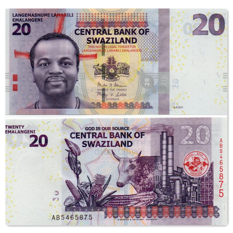斯威士兰20里兰吉尼纸币 半塑料钞 牛2017年全新非洲 外国钱币