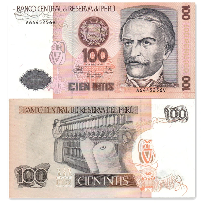 秘鲁100印蒂纸币1987年版P-133美洲钱币全新UNC秘鲁币