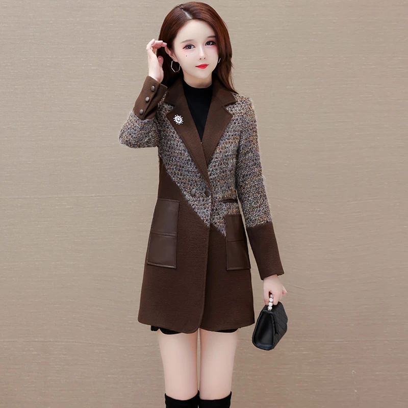 24冬季时尚西装领拼接呢子款棉服外套气质修身显瘦中长款休闲棉衣