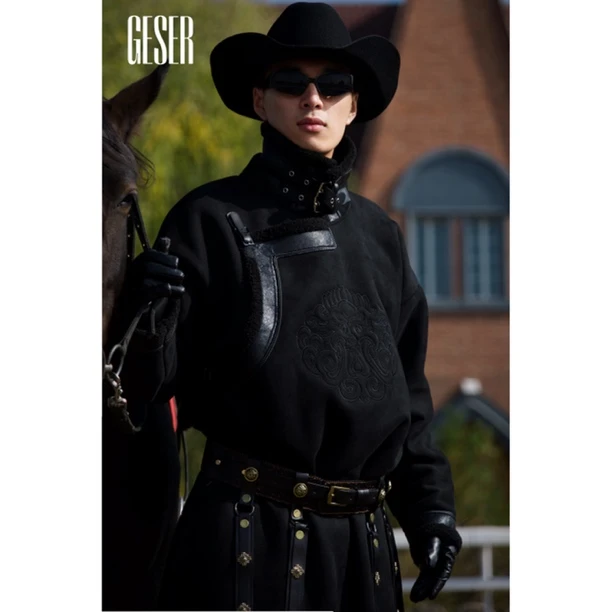 【将军】男士保暖加厚耐磨刺绣宽松民族风加绒休闲大衣立领男款黑色